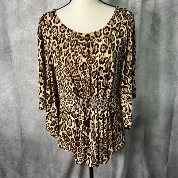 Laura Ashley Leopard Print Butterfly Sleeve Ruched Women's Top - Large - Picture 2 of 11
